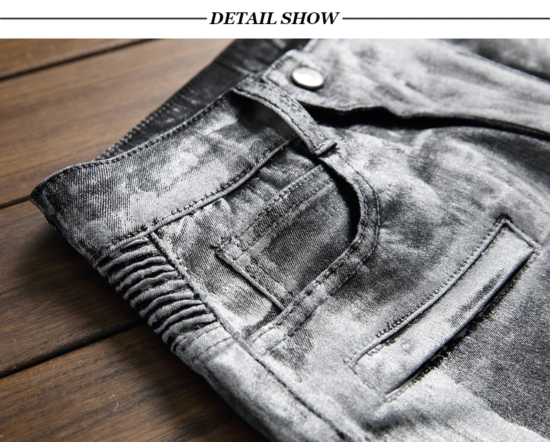 Fashion Streetwear Men Jeans Golden Silver Coating Paint Deisgner Motor Biker Jeans Homme Punk Pants Spliced Hip Hop Jeans Men