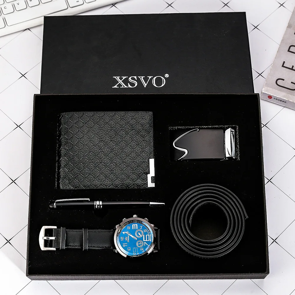 

4-PCS /Set Boutique Gift Set Leather Belt + Wallet + Quartz Watch + Pen Gift Good Choice