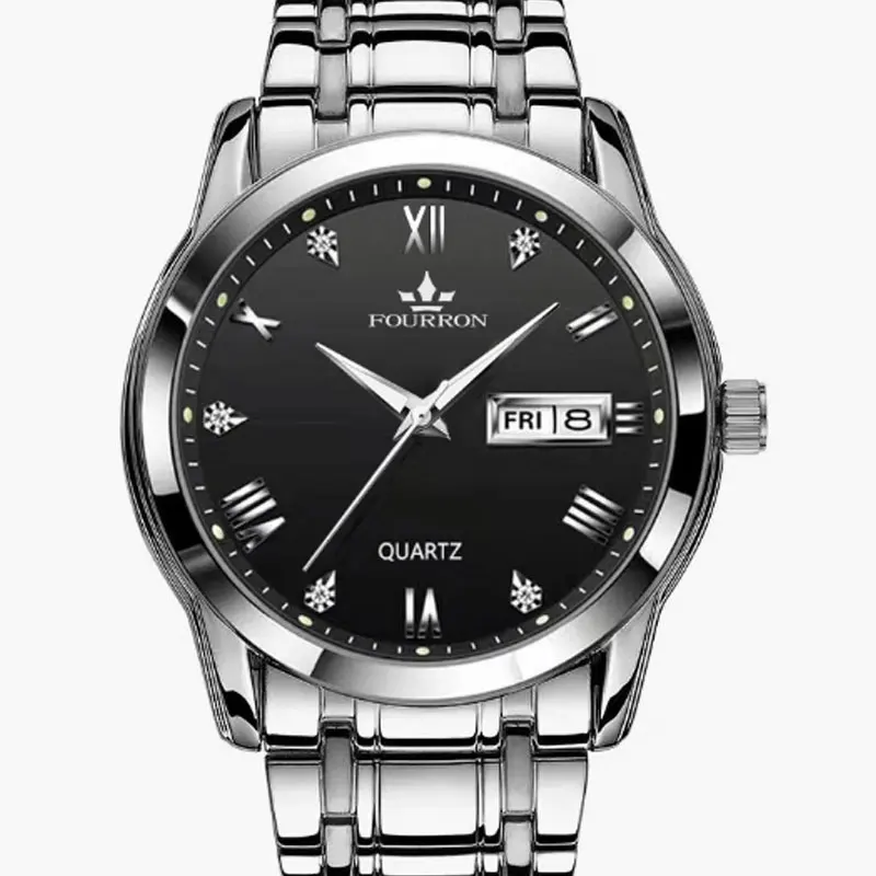Men's Waterproof Steel Band Quartz Watch Double Calendar Luminous Stainless Steel Watch Student Non Mechanical Couple Watch