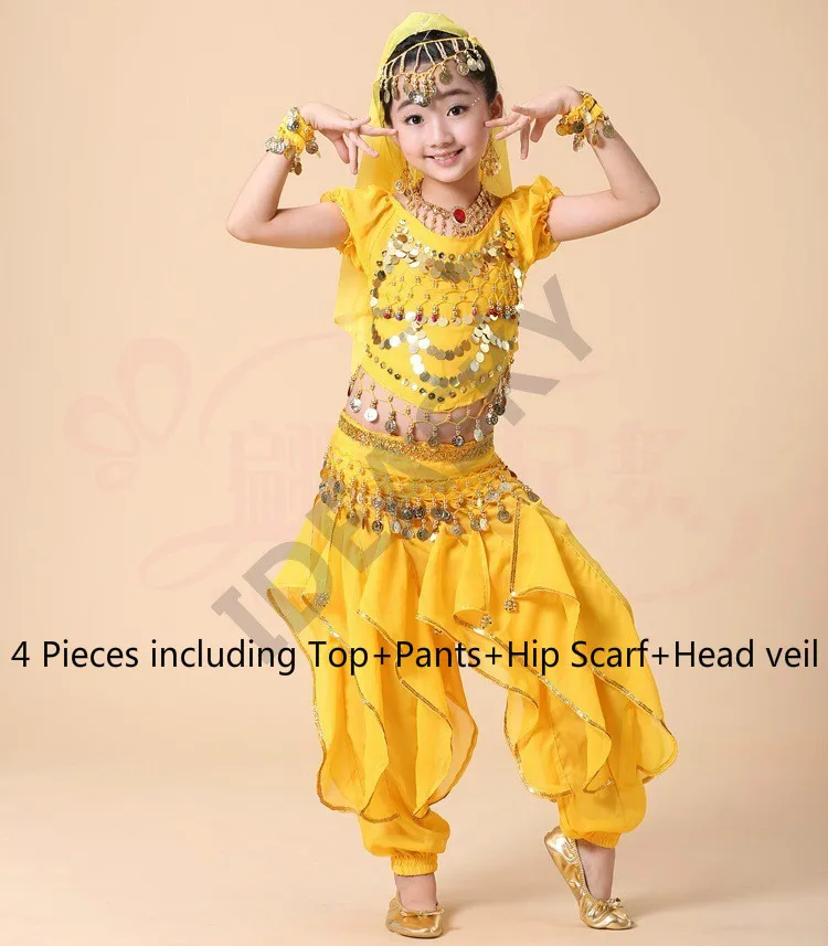 yellow 4pcs Детский набор костюма для танца живота Восточные Танцевальные костюмы для девочек Египетский Болливуд Индийский танец живота индийская Одежда для взрослых - Цвет: yellow 4pcs