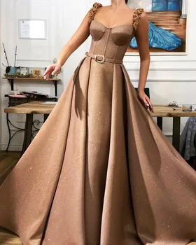 

Sparkly A Line Elegant Champagne Evening Dresses Long Spaghetti Straps Party Dress Robe De Soiree Backless Formal Gowns