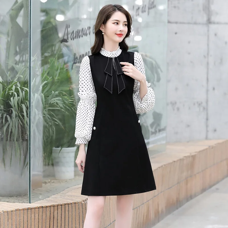 

Black And White with Pattern Ruffled Collar Polka Dot Splicing Dress Mock Two-Piece Women's Mid-length 2020 New Style Spring Ele