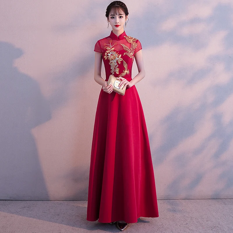 Женское изысканное вышитое китайское платье, воротник-стойка, Cheongsam, Элегантное свадебное платье, кружевное лоскутное платье, халат De Soiree
