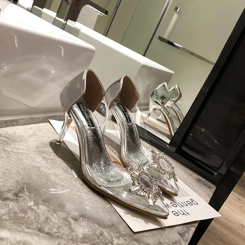 LTARTA Spring-Summer New Glass Glue Sunflower Rhinestone Buckle Transparent High-Heel Shoes Women Sexy Pumps JXQ