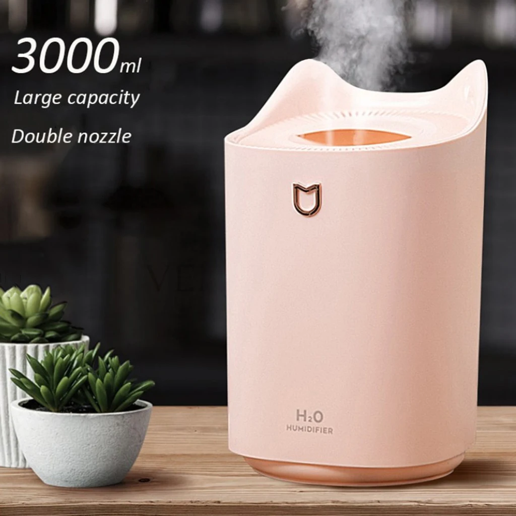 Ultrasonic Double Nuzzle Refreshing Mist Air Humidifier 3000ML Large Capacity Aroma Oil Diffuser for Home USB Mute Misting