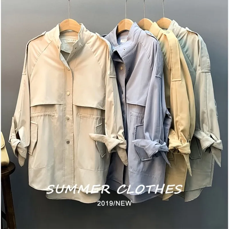 

2019 Fall Fashion Women Trenches Stand Collar Drawstring Loose Casual Jackets Lady Solid Streetwear Coats