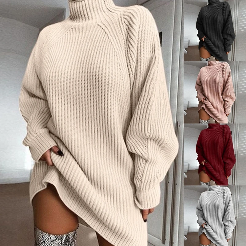 Women Raglan Sleeve Turtleneck Midi Long Sweater Dress Knit Solid Loose Jumper