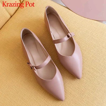 

Krazing Pot genuine leather sweet maiden style ladies shoes cute bowtie slip on daily wear pointed toe low heels women pumps L25