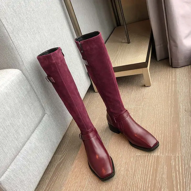 Krazing Pot/натуральная кожа квадрат в европейском стиле носом на среднем каблуке с ремешком и пряжкой; зимние теплые женские ботинки; удобные облегающие сапоги L35 - Цвет: Красный
