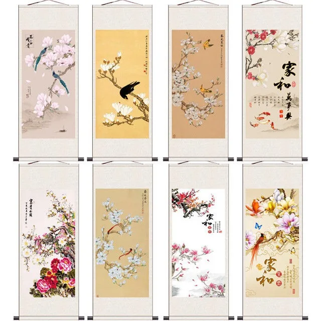 

Chinese Style Flower Bird Scroll Calligraphy Painting Living Room Wall Art Hanging Painting Home Office Decor Canvas Posters