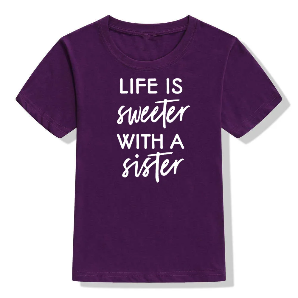 Забавная детская футболка с надписью «Life Is swetter with A Sister» для мальчиков и девочек Летняя Повседневная футболка с короткими рукавами модные детские футболки, топы