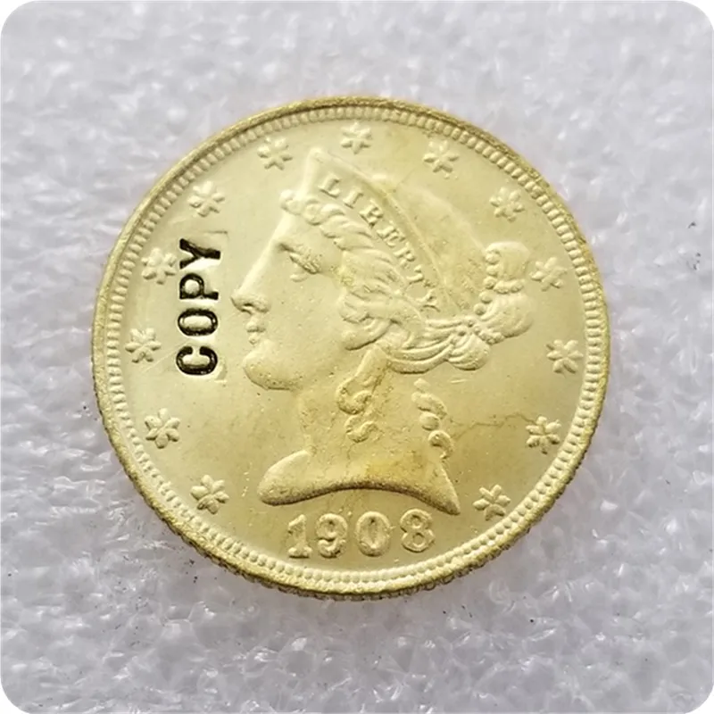 США 1900-1909 США 5 долларов "Liberty/Coronet Head-Half Eagle"(с девиз) копии монет - Цвет: 1908