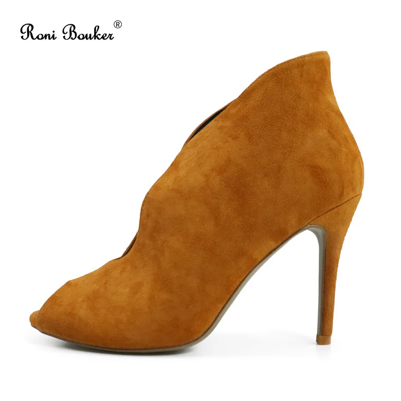 Tan suede Roni Bouker/женские ботильоны с открытым носком; женская мягкая обувь из натуральной замши; женские ботиночки; женская обувь на каблуке; ботинки - Цвет: Tan suede