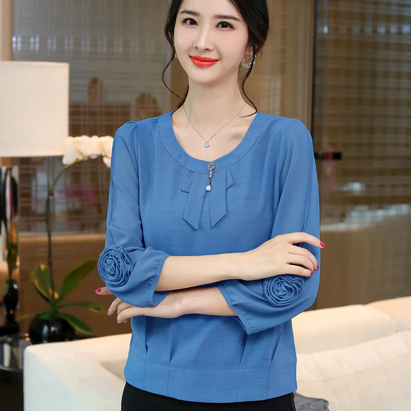 Новинка осени blusas mujer de moda шифоновая блузка рубашка модная повседневная с бантом 3/4 рукавом женская блузка рубашка и топы