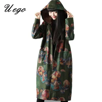 

2019 New Arrival England Style Woolen Coat Hooded Thicken Fleece Warn Winter Coat Print Women Casual Outerwear Long Winter Coats