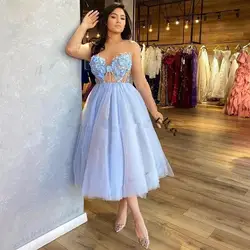 SoDigne Sky Blue Short Prom Dresses For Girls Long Sleeves Pearls Flowers Applique Homecoming Dress Special Occasion Party Gowns