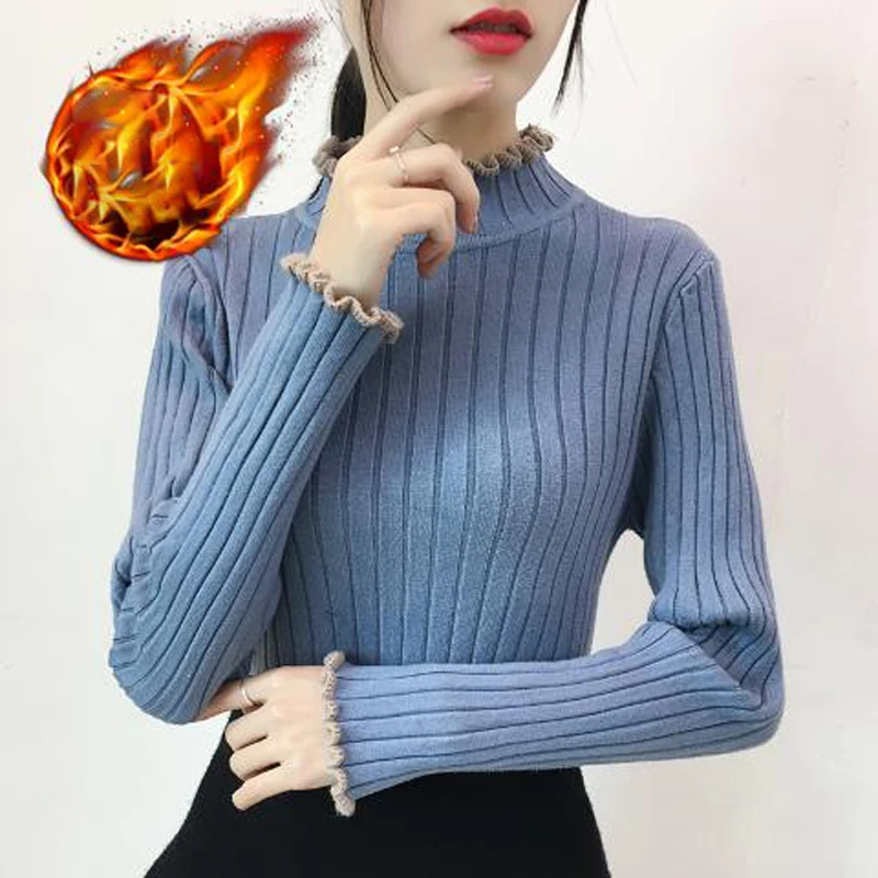 

2019 Winter Women Fashion Silm Half Turtleneck Ruffles Thicken Knitted Pullovers Sweater Female Plus Velvet Jumper Knitwear X52