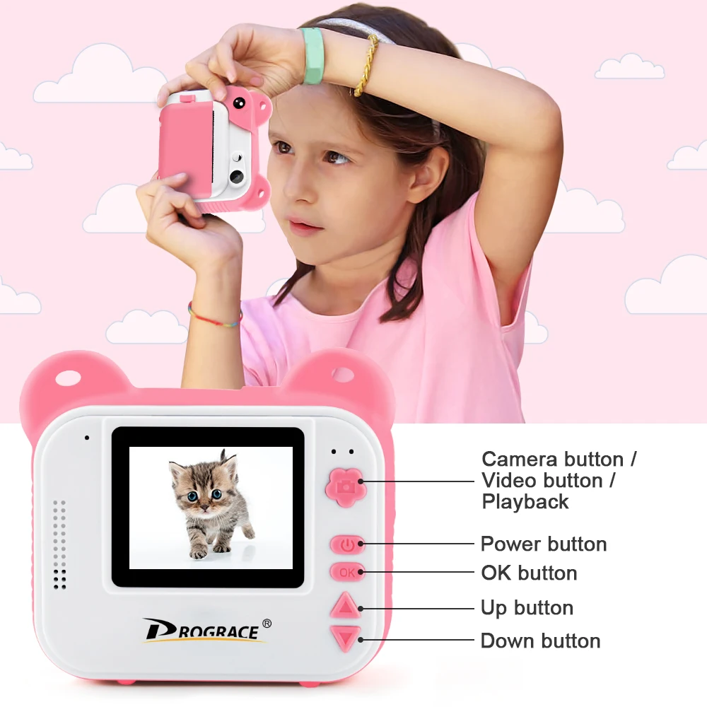 Prograce Kid Instant Print Camera Thermal Printing Camera Digital Photo Camera Girls Toy Child Camera Video Boy's Christmas Gift