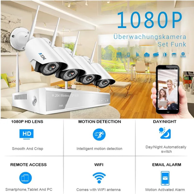 1080P SISTEMA DE CCTV inalámbrico 8CH HD inalámbrico NVR Kit 2TB HDD exterior IR visión nocturna IP