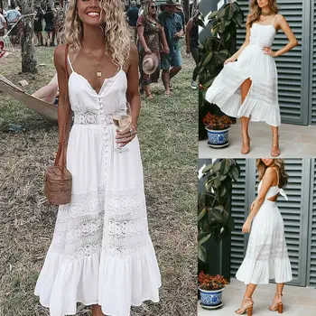 

2019 Hot Women Backless White Sweet Split Holiday Maxi Boho Floral Summer Beach Long Dress Evening Party Dress Casual Dress