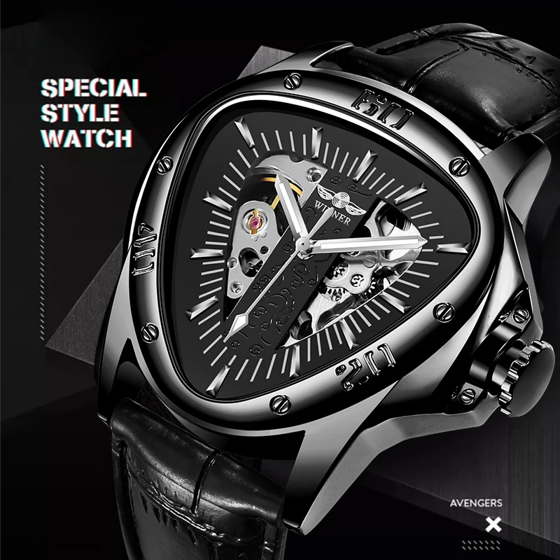 Лидирующий бренд WINNER Мужские автоматические механические часы гоночный спортивный дизайн треугольник скелет часы светящиеся руки наручные часы