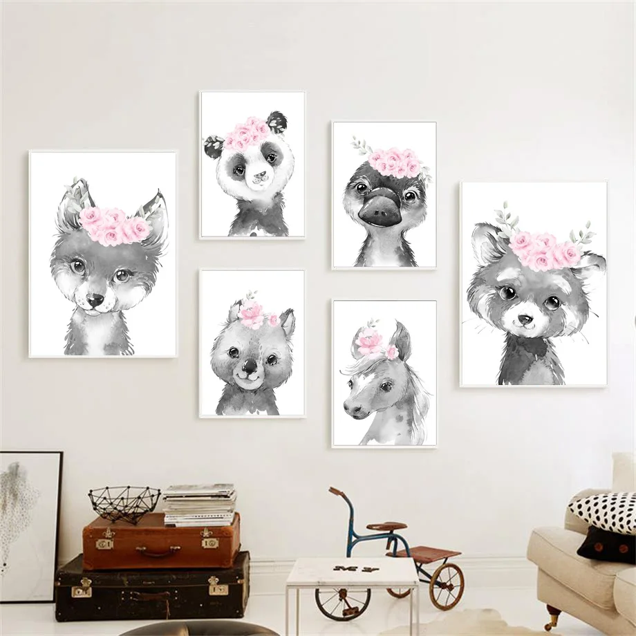 Bear Fox Panda Horse Cow Flower Wall Art Canvas Painting Nordic Posters And Prints Black White Pictures For Kids Room Decor | Дом и сад