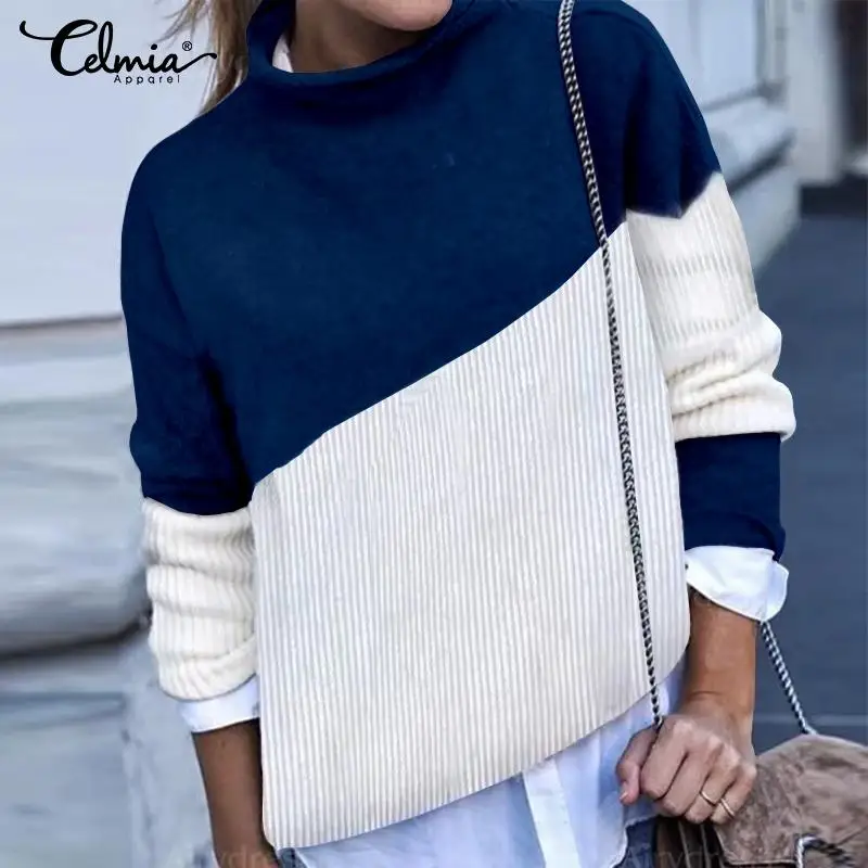 Для женщин вязаный пэчворк свитеры Celmia осень-зима с длинным рукавом Повседневное джемперы с высоким плотно облегающим шею воротником, Детский свитер, пуловер Femme 5XL