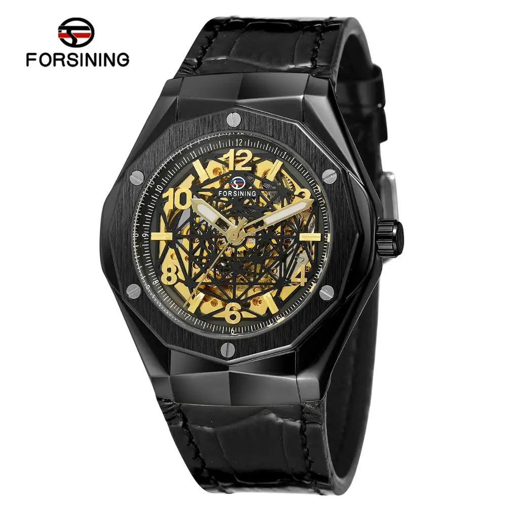 

FORSINING fashion casual men's watch black spider web hollow watch black case leather strap automatic mechanical watch