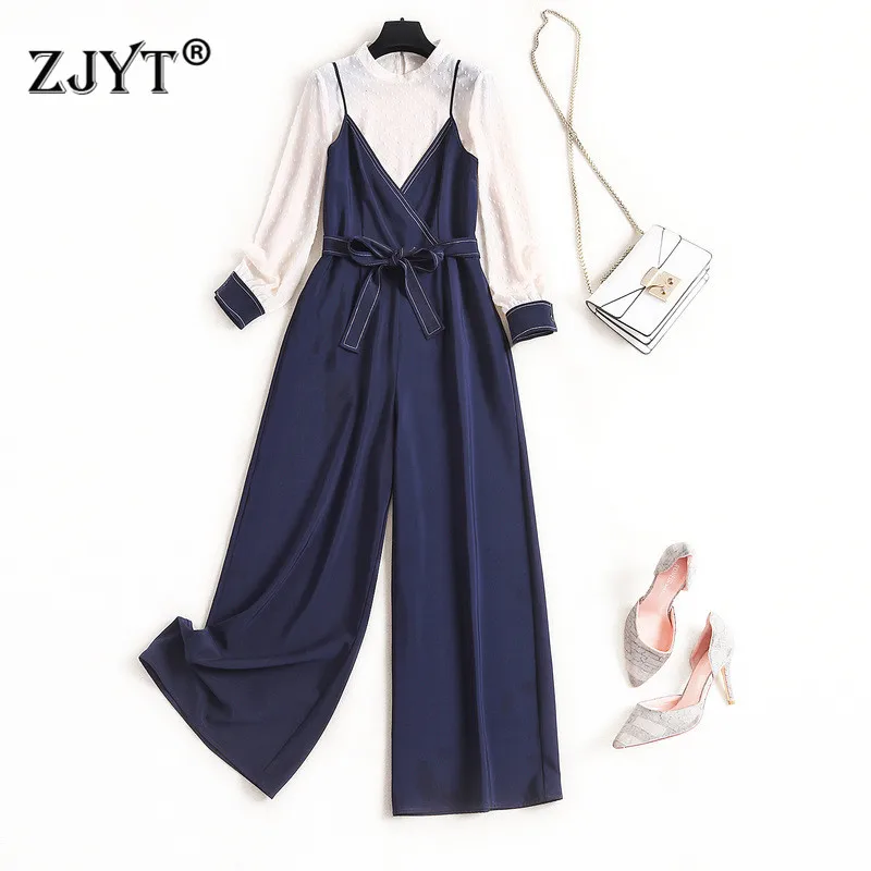 

Elegant Lady Office Pants 2Piece Set Women 2020 New Designer Spring Outfits Long Sleeve Chiffon Top and Long Pants Suit Overalls