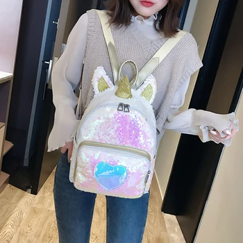 

PU Bling Sequin Backpack School Bags for Teenage Girls Mochila Unicornio Zainetto Donna Sparkly Lightweight Mini Travel Backpack