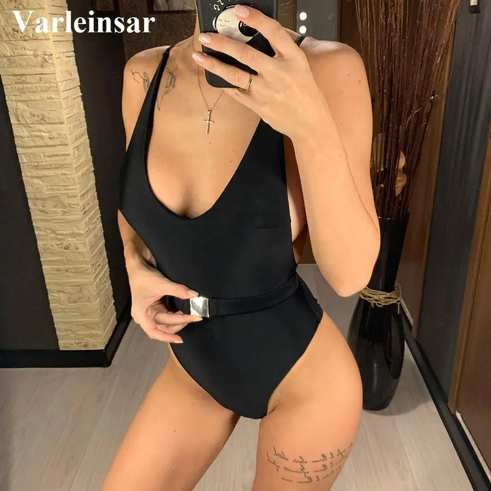 3 Colors 2020 New Sexy V Neck One Piece Swimsuit Women Swimwear Female Bather with Waistband Bathing Suit Swim Beach Lady V1330 | Спорт и