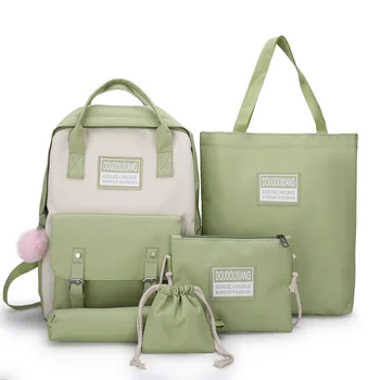 

5 Piece Set School Bags for Teenage Girls Backpack School Women Canvas Patchwork Middle Student Bookbags Teen Rucksack Panelled