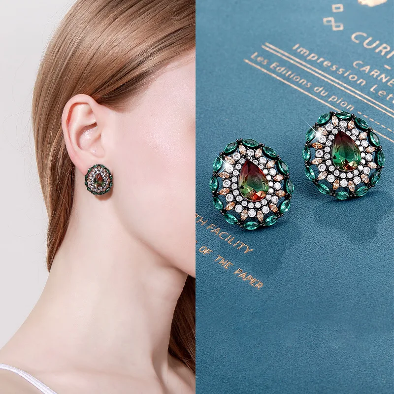 

EYER Fashion Brand Unique Design Jewelry Beautiful Gun Black Oval Shape CZ Cubic Zircon Crystal Women Big Stud Earrings