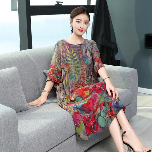 

2019 Elegant Temperament Printing Women Dress New Summer High End Half Sleeve Classic Round Collar Silk Loose Thin Lady Dresses