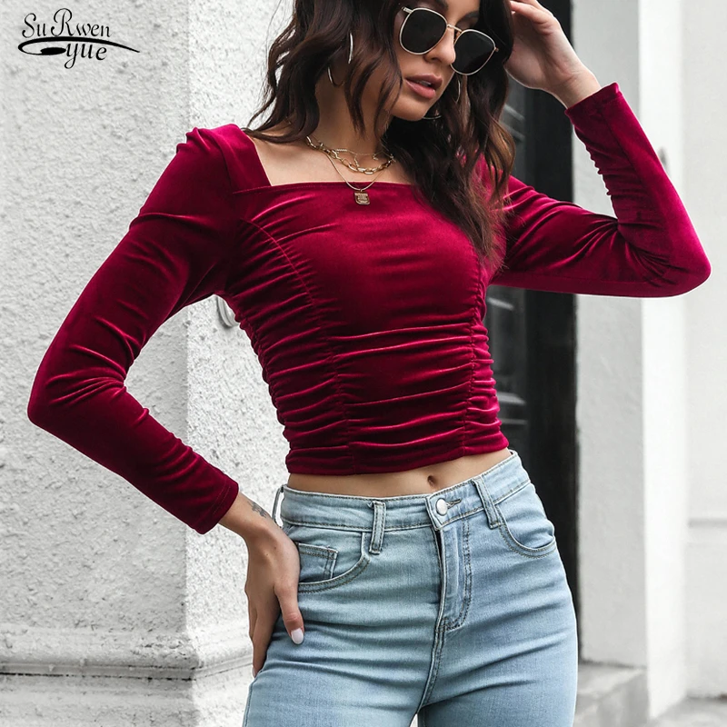 Long Sleeve Velvet Tops Womens