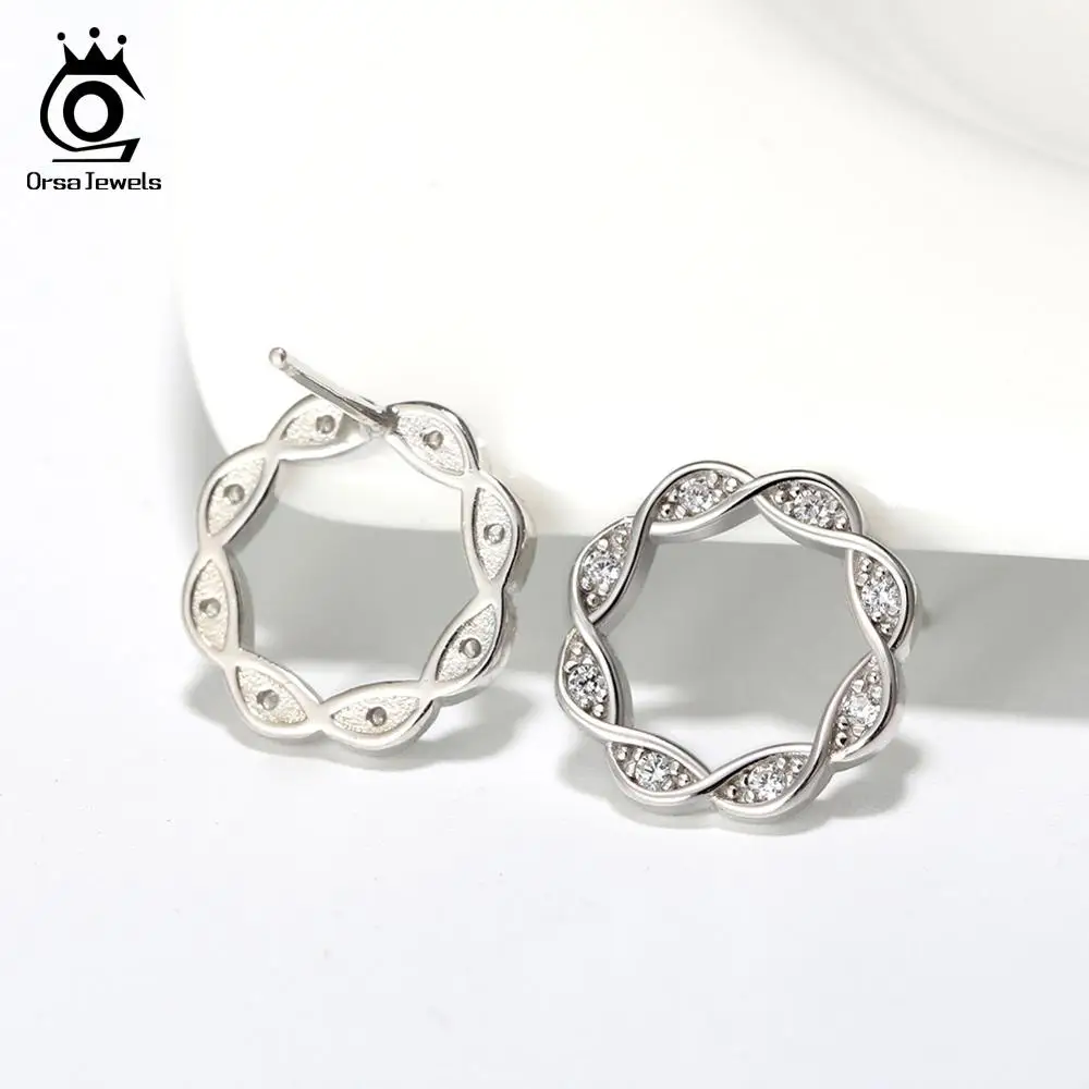 ORSA JEWELS подлинное серебро 925 пробы Двойные серьги-гвоздики спираль витая в форме цветка АААА циркониевые серьги ювелирные изделия SE163