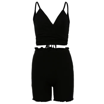 

Women Sleeveless Knit Deep V Vest Short Pants Sets Solid Single Ribbed Knit Cami Crop Top High Waisted Shorts Suits