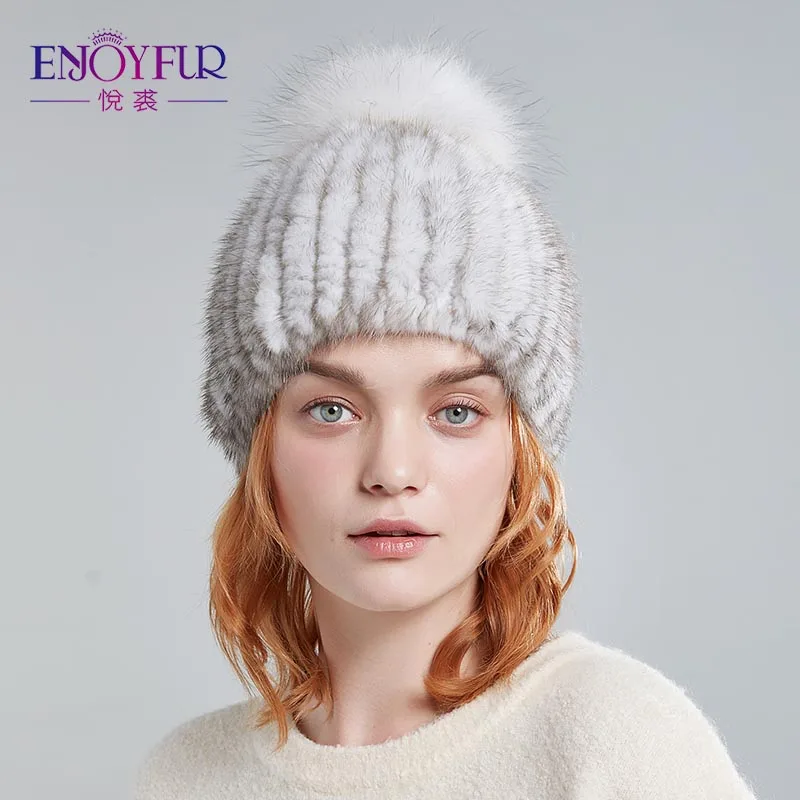 Женская шапка с помпоном ENJOYFUR, теплая толстая шапка бини из натурального меха норки на зиму - Цвет: 11