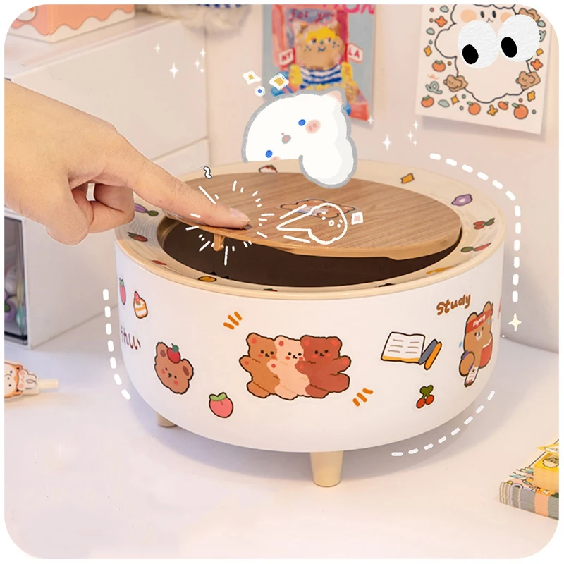 Kawai style desktop garbage can table Cute Mini cover storage box small paper basket on the desk with cute stickers