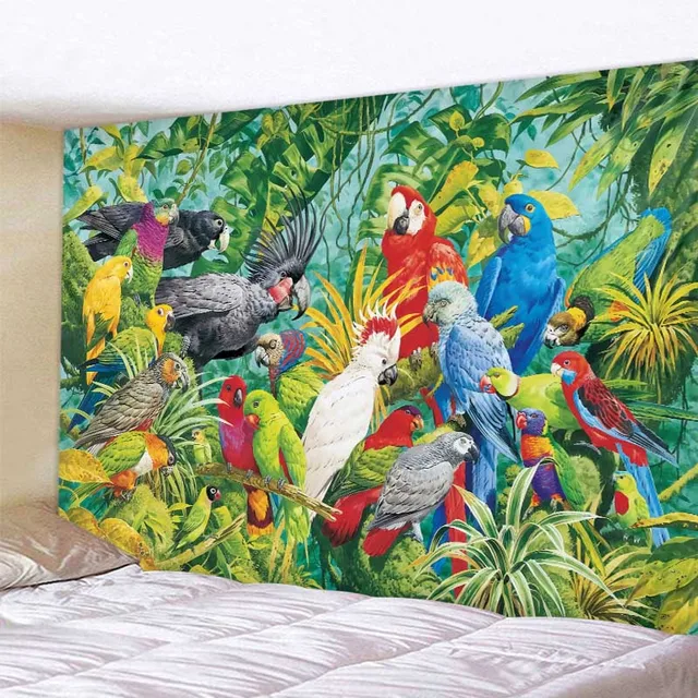 Tapisserie d'art d'oiseau de la jungle, scène psychédélique, décoration de maison, tenture murale Hippie Boho, décor de pièce esthétique, décor mural de maison, tapis de Yoga 4
