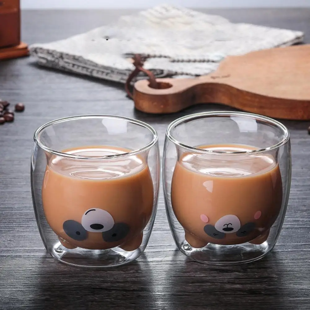 Необычный, прозрачный с двойными стенками Стеклянная кофейная кружка мультяшный медведь Кот утка кофейная чашка Молочный Сок Милая пивная кружка