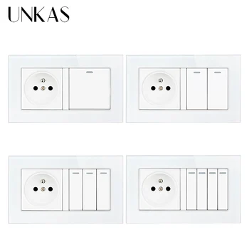 

UNKAS French Standard Wall Socket 146MM*86MM + 1 2 3 4 Gang 1 / 2 Way On / Off Light Switch Tempered Crystal Glass Panel Outlet