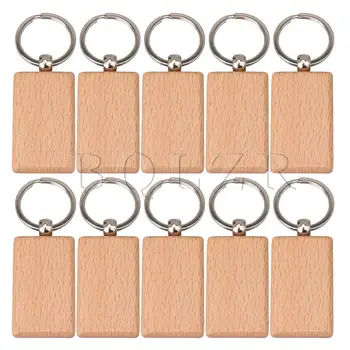 

BQLZR 5x3cm Glossy Silver Wooden Keychain Rectangular Engraving Key Set of 10