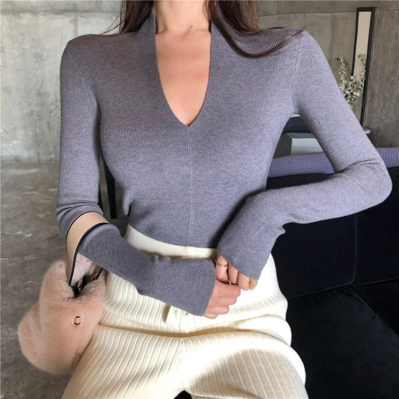 Sweater Women New Fashion V-neck Long Sleeve Women's Thin Sweater Slim Casual Solid Color Knitted Pullover Women Sweaters