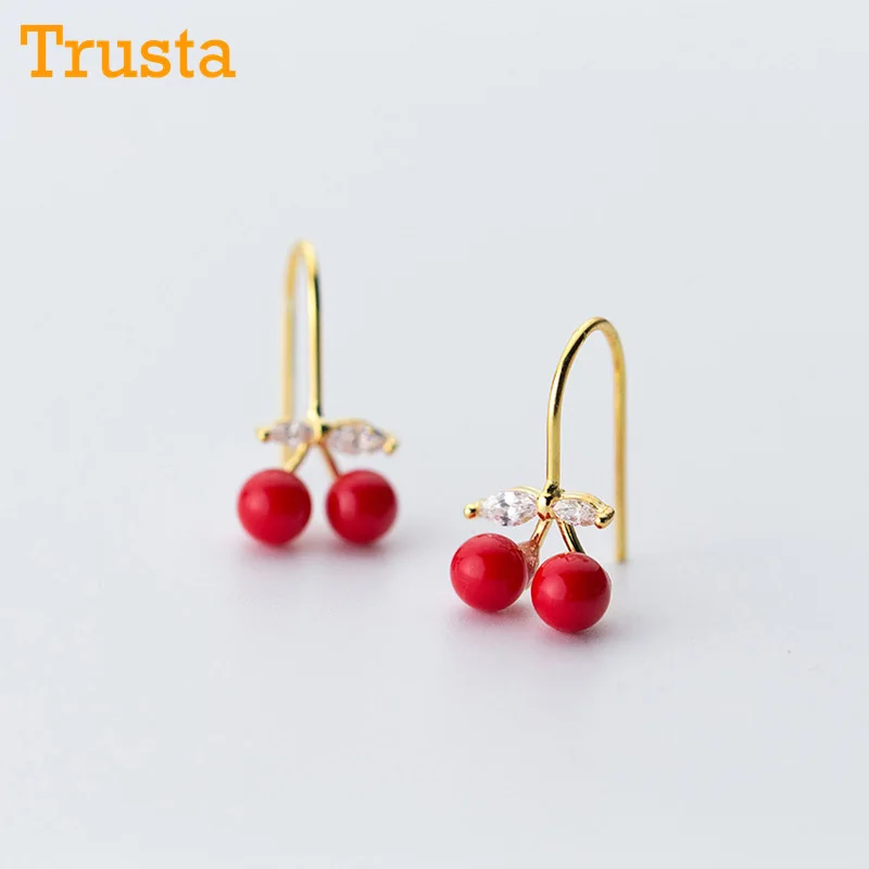Trusta, 925 пробы, серебряные серьги, модные, крошечные, красные, вишневые, 19 мм X 9 мм, серьги-гвоздики, подарок для школьницы, дочери, подарок, DS579
