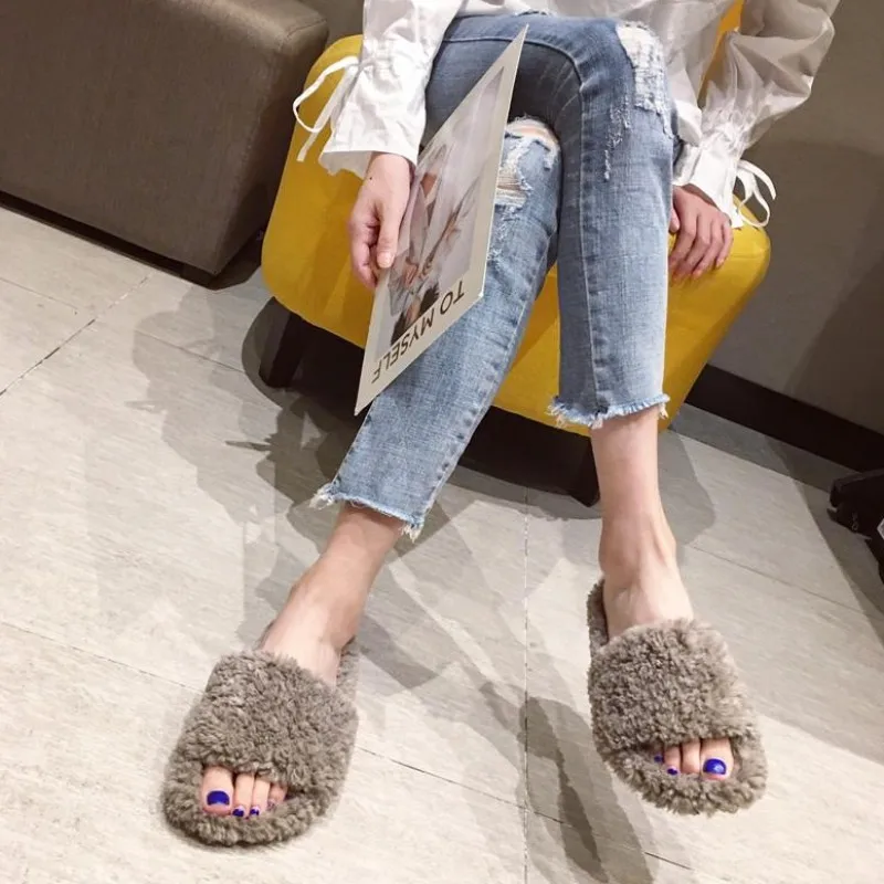 Women's Slippers Flock Slides Shoes Pokemon Plush New Fur Flat Fabric Autumn Basic Rubber Rome Bonded Leather Cotton