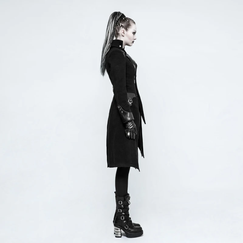 Женское шерстяное пальто в стиле панк рейв черное асимметричное длинное
