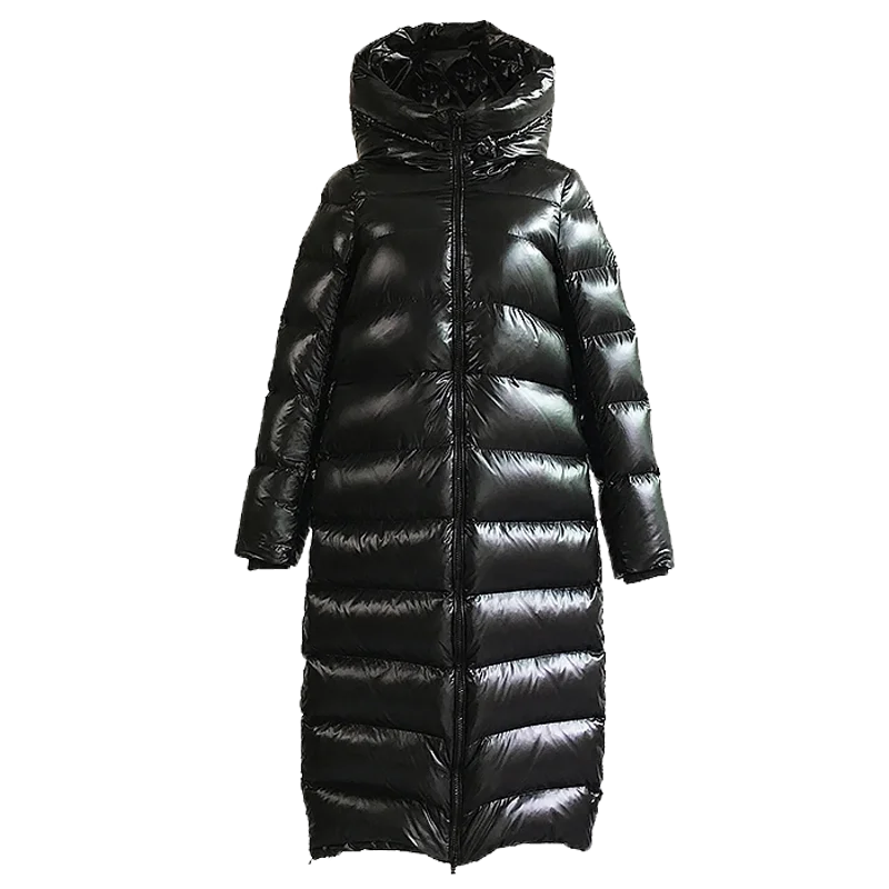 Fitaylor Winter Hooded Patent Leather Long Jacket