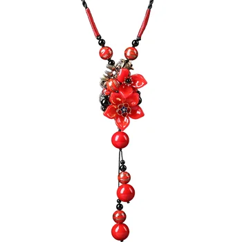 

Birght Red Stone Flower High Quality Long Tassel Glaze Crystal Agate Long Chain Necklace Sweater Patry Necklace Jewelry