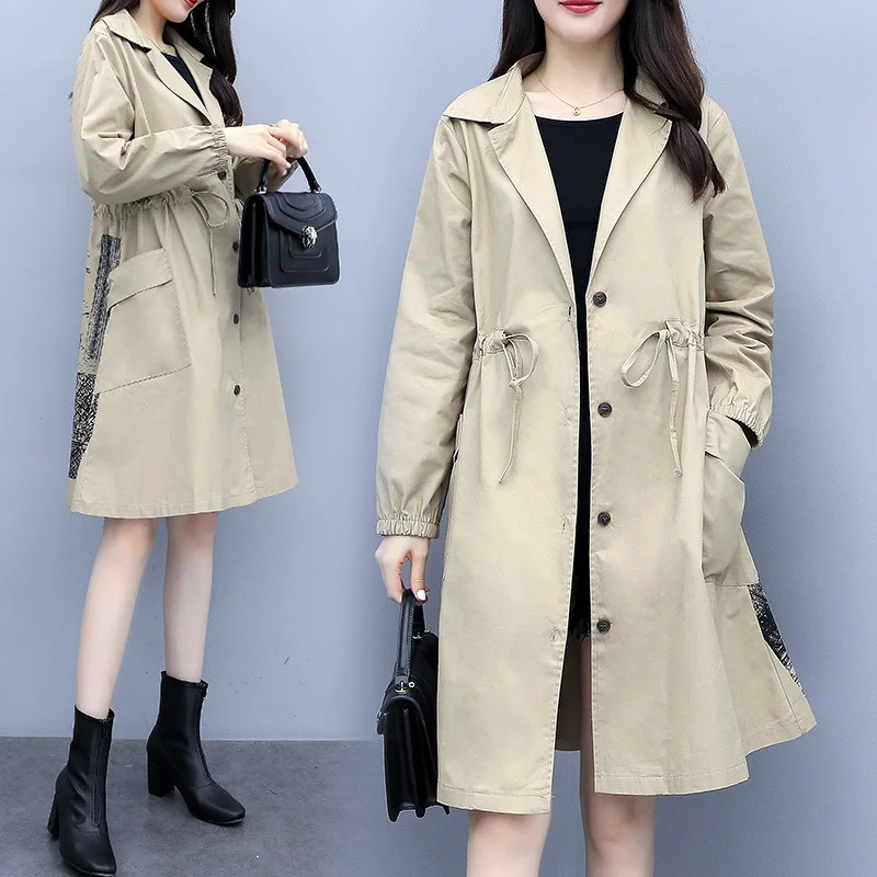 

2019 Autumn New Style Korean-style Loose-Fit Fold-down Collar Drawstring Slimming Mid-length Trench Coat Women's